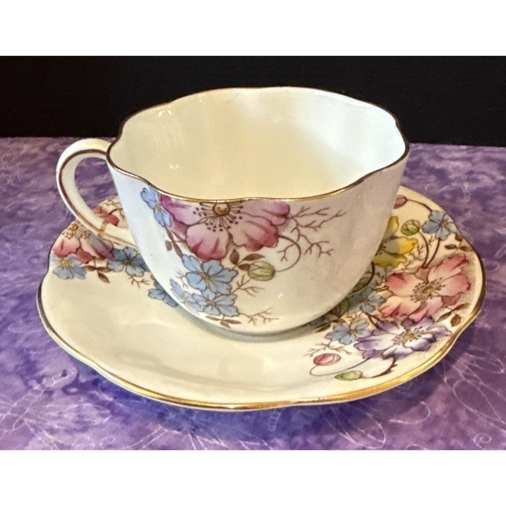 Taylor Kent Longton England Colorful Floral Gold Trim Teacup Saucer Bone China